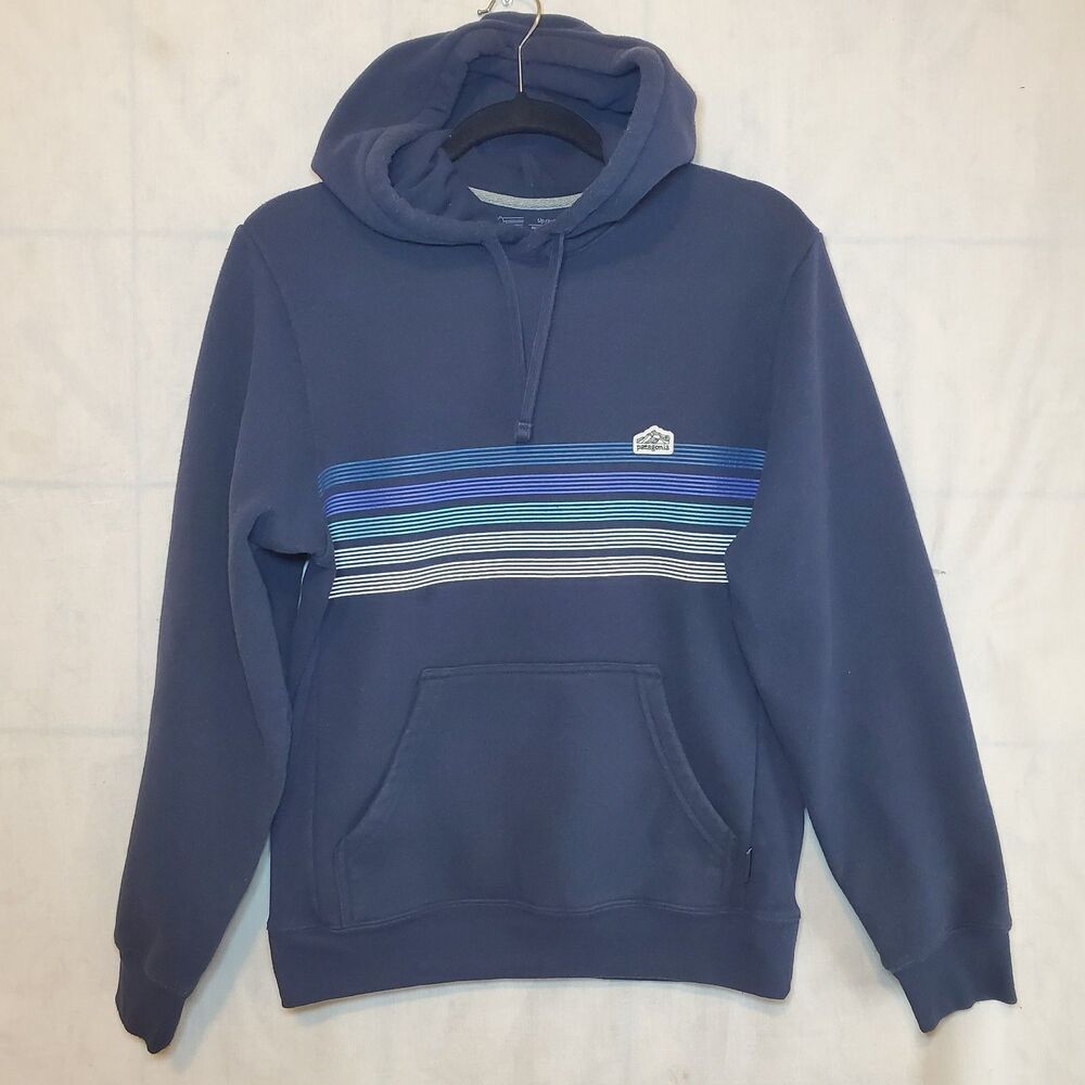 Patagonia Uprisal Hoody Mens Extra Small XS Blue Striped Logo Pullover Hoodie